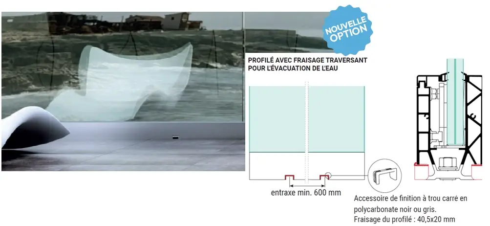Balcon garde-corps au profilé fraisage traversant pour évacuation de l'eau