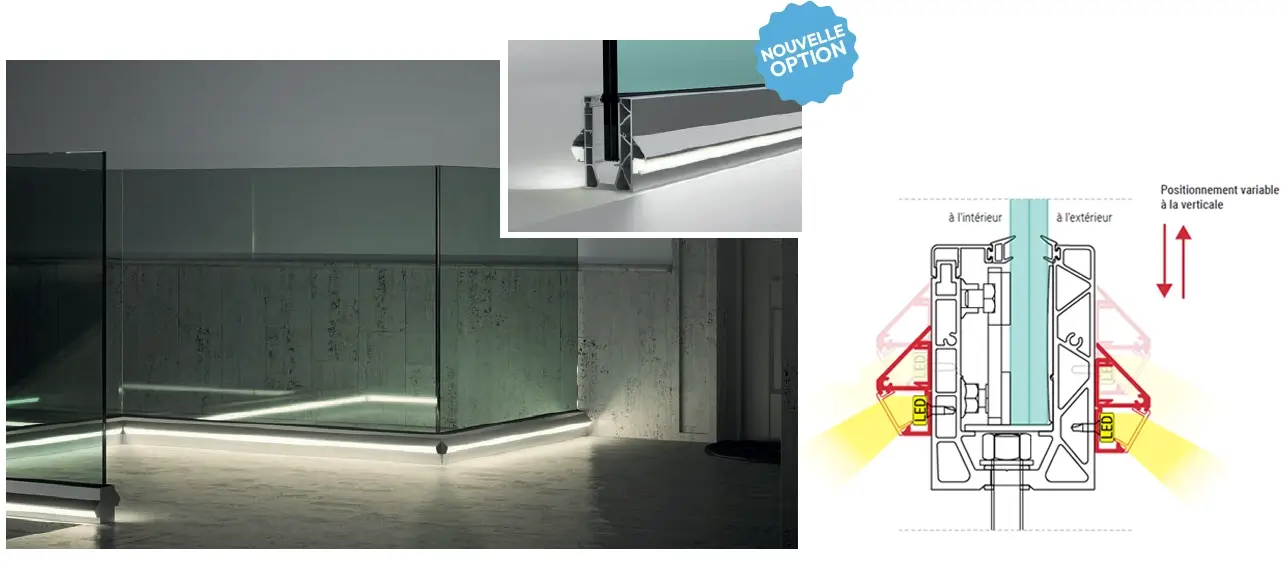 Option Led intérieur et extérieur sur garde-corps d'escalier avec le schéma de la coupe