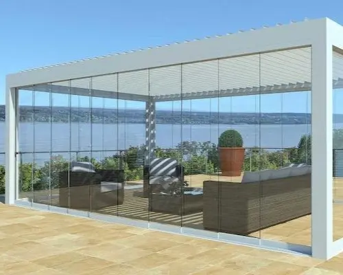 Pergola Bioclimatique compatible avec système de fermeture en verre coulissant et pivotant Glass Systems