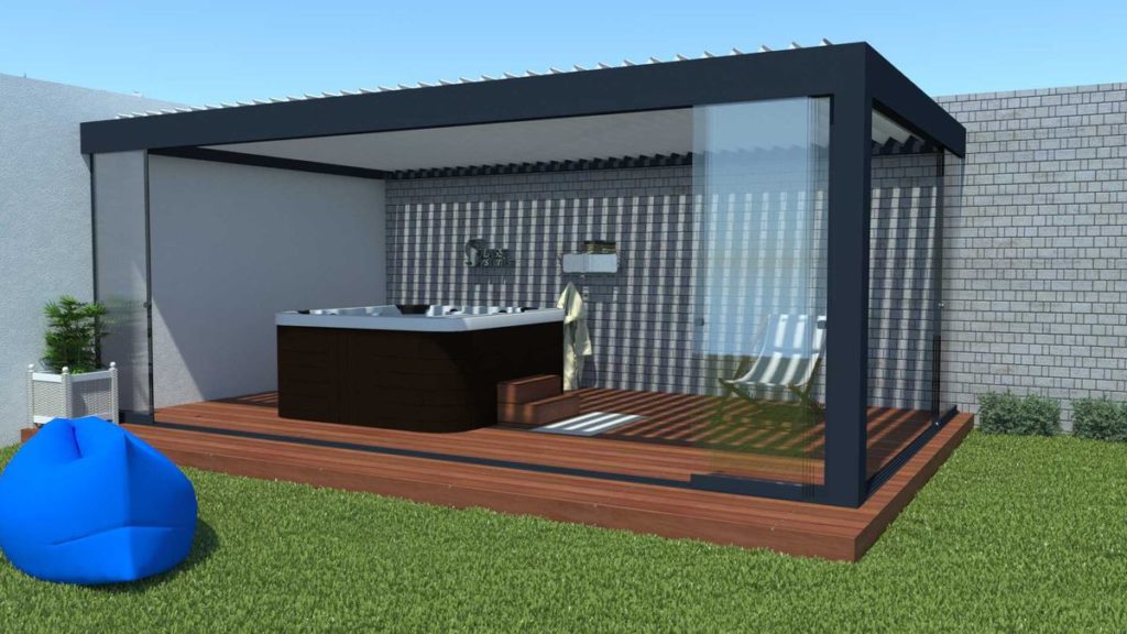 Pergola avec coulissant en verre ouvert