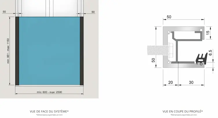 Schéma explicatif pose entre murs de la Balustrade en Verre, garde-corps pour fenêtre