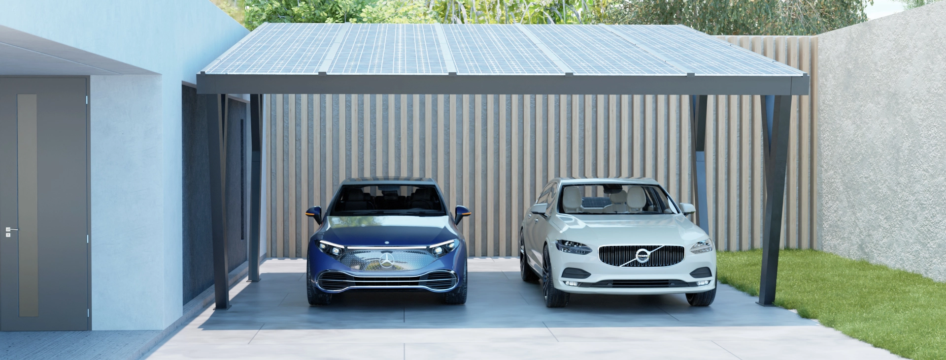 Carport Solaire en aluminium gris, ombrageant deux voitures devant une maison contemporaine