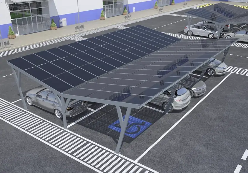 Grande terrasse de restaurant avec carport photovoltaïque