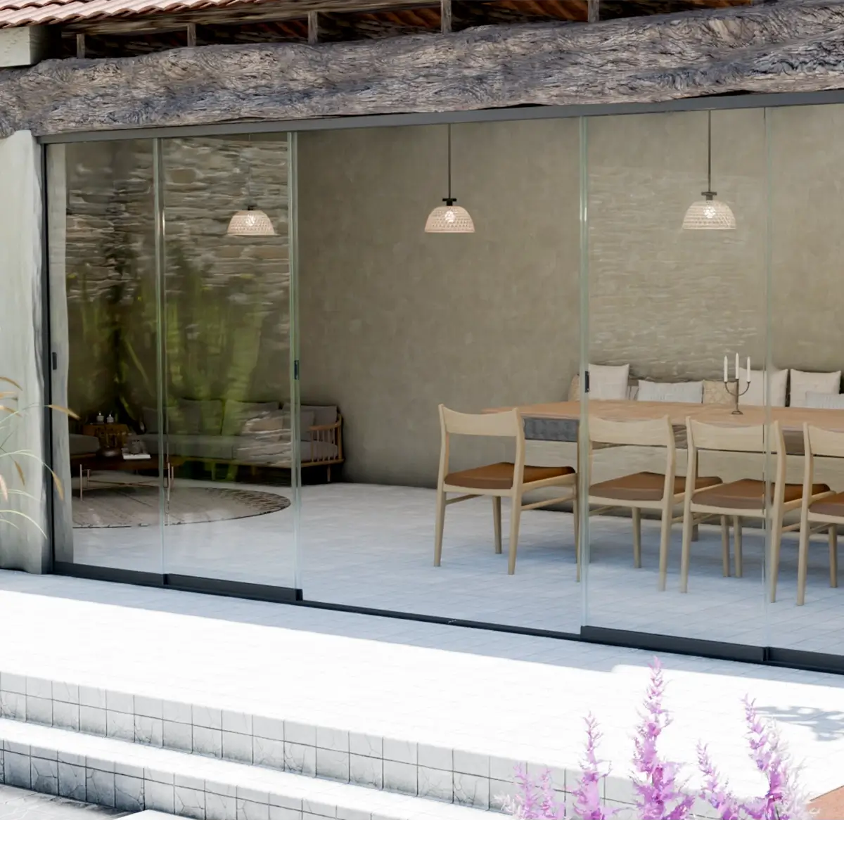 Coulissant Panoramique Glass Systems en version cloison industrielle vitrée avec profilés et accessoires de couleur noir mat.