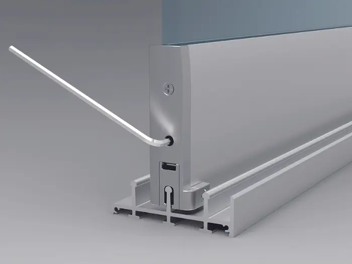 système pour régler la hauteur des vantaux de la cloison vitrée coulissante panoramique Glass Systems jusqu' 5 mm