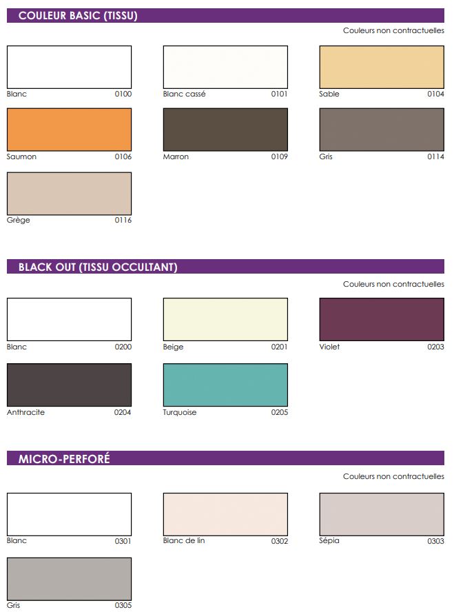 Couleurs disponibles pour le store plissé