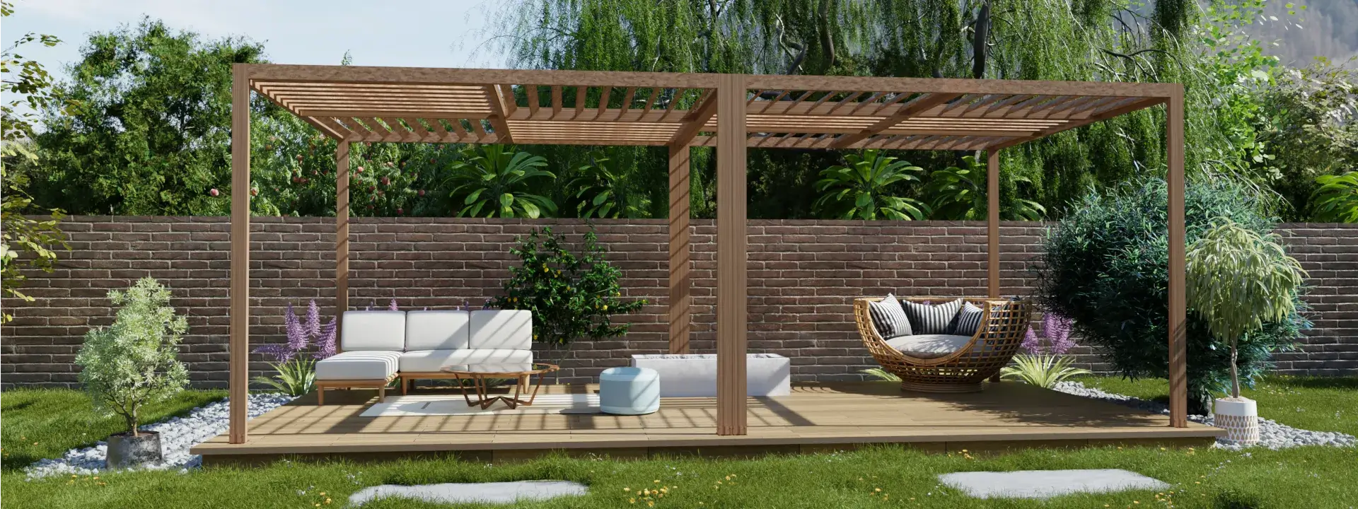 Pergola Autoportée en aluminium blanc, ombrageant un salon de jardin