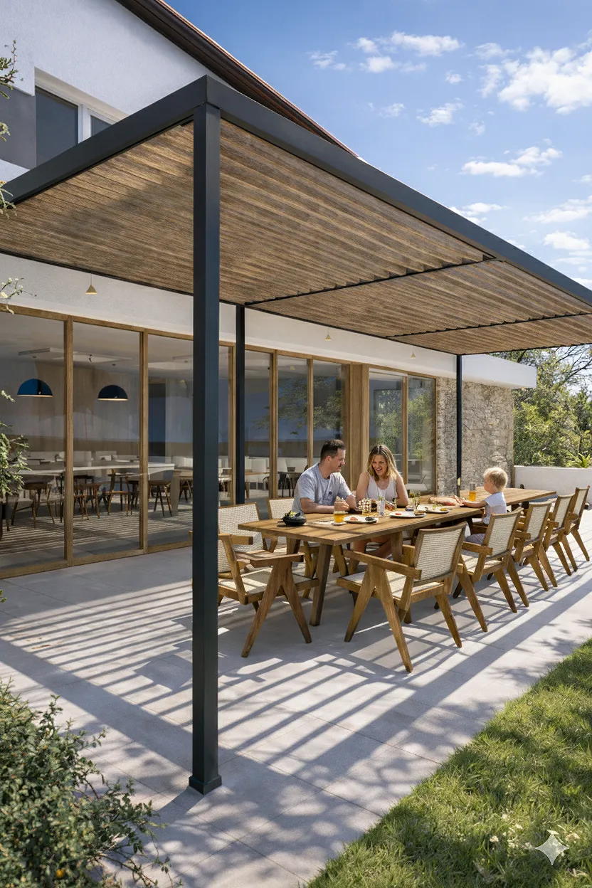chauffage infrarouge pergola bioclimatique autoportées en aluminium de couleur grise avec lames orientables motorisées