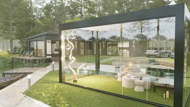 Glass Concept, solution d'aménagement extérieur type ombrière avec fermeture en verre panoramique
