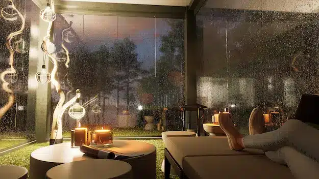 solution d'aménagement extérieur pour créer un salon de jardin utilisable de jour comme de nuit, à l'abri de la pluie et du vent