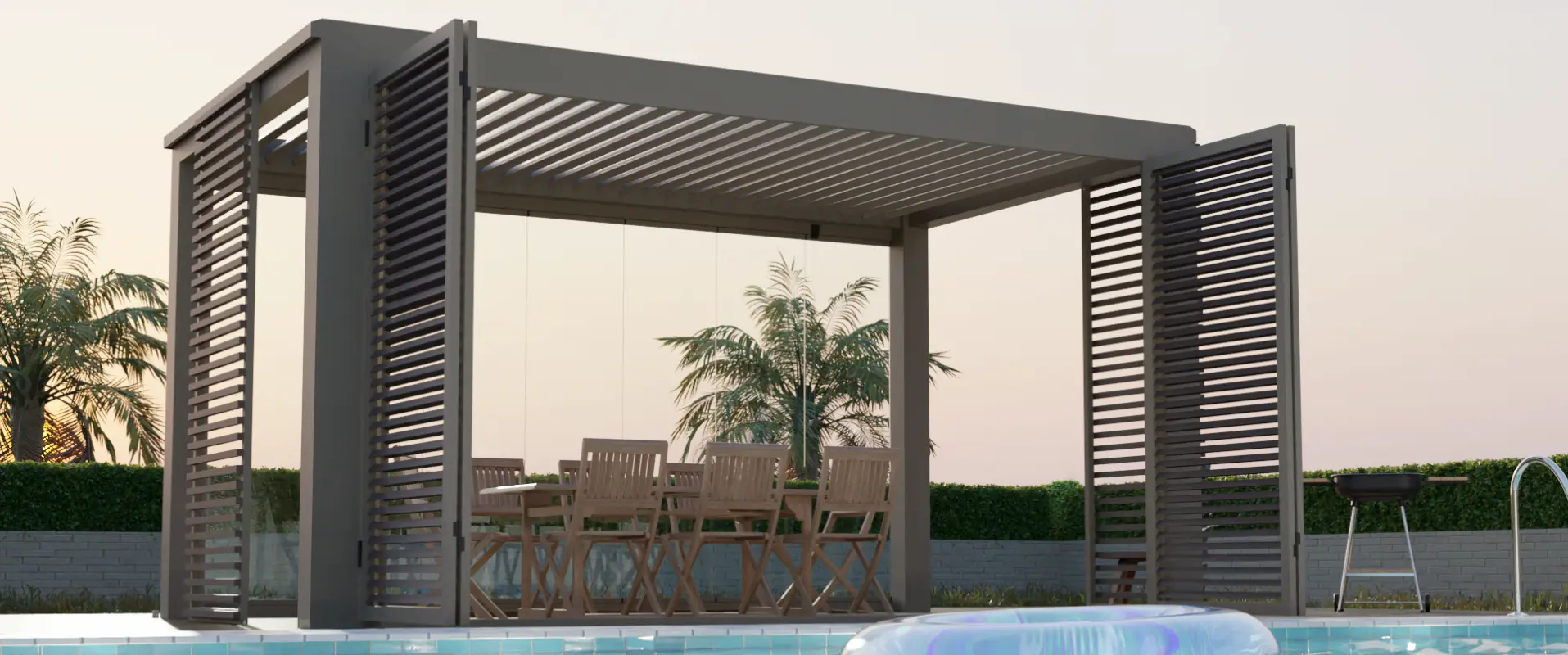 Brise-soleil Orientable Accordéon utilisé comme volet pliant portefeuille sur une pergola et fermeture en verre panoramique coulissant.