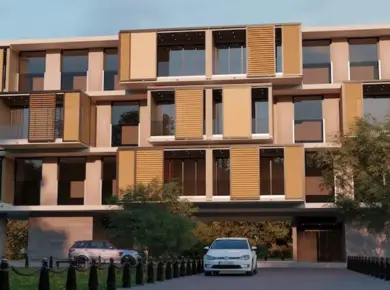 Combinaison de brise-soleil fixe et coulissant sur mesure posé dans une résidence moderne avec balcons.