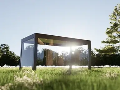 Salon de jardin design installé sous une ombrière avec système de fermeture en verre, dans un champs