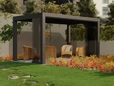 aménagement d'une pergola bio en aluminium sur mesure pour espace lounge dans un jardin
