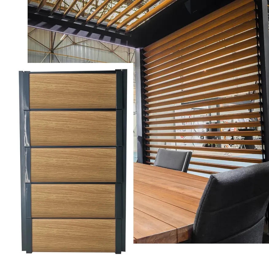 Brise-soleil orientable à lames fixes en bois sur un volet coulissant aluminium
